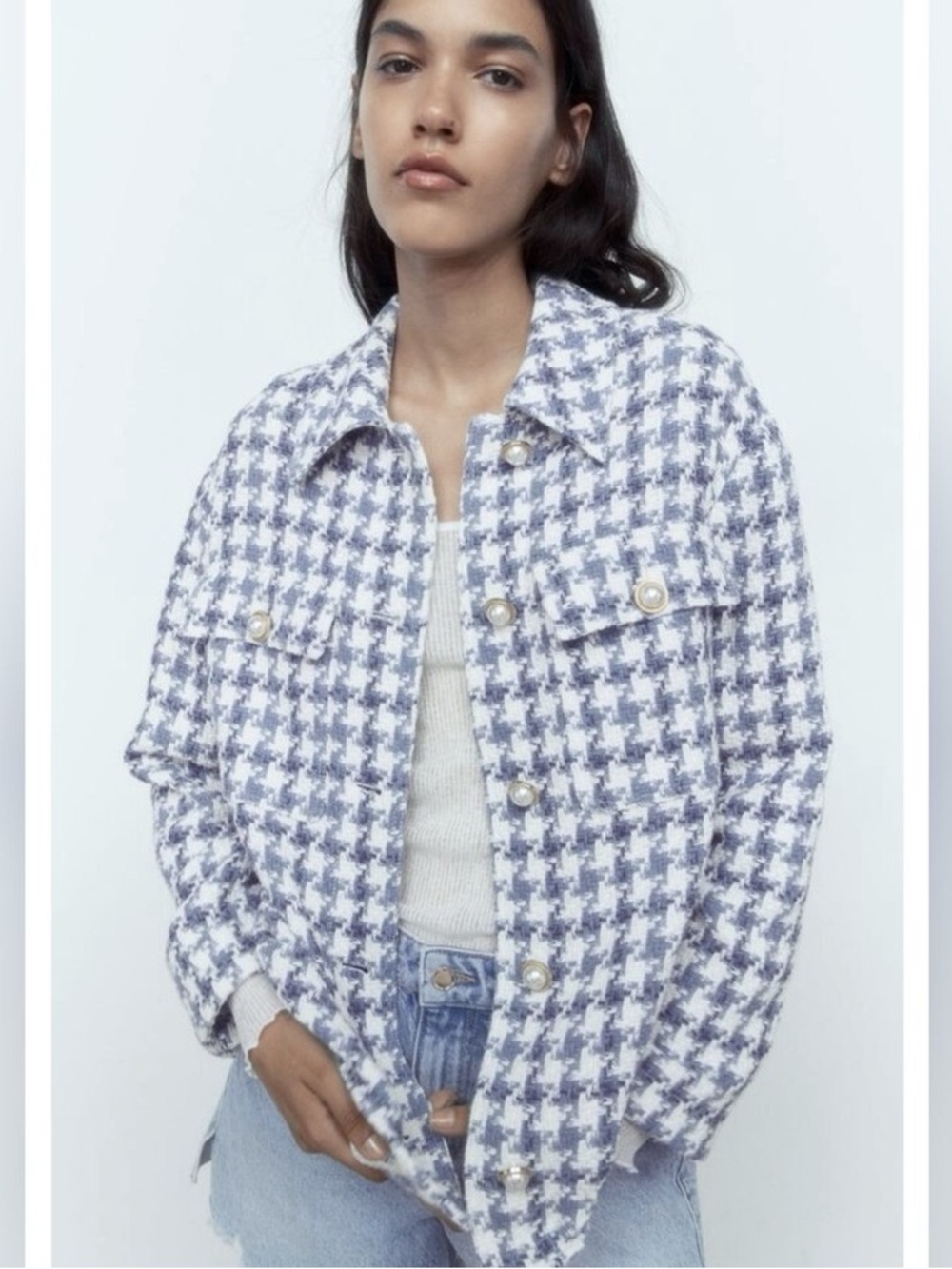 Woven Houndstooth tweed Button-Front Jacket - White & Light blue